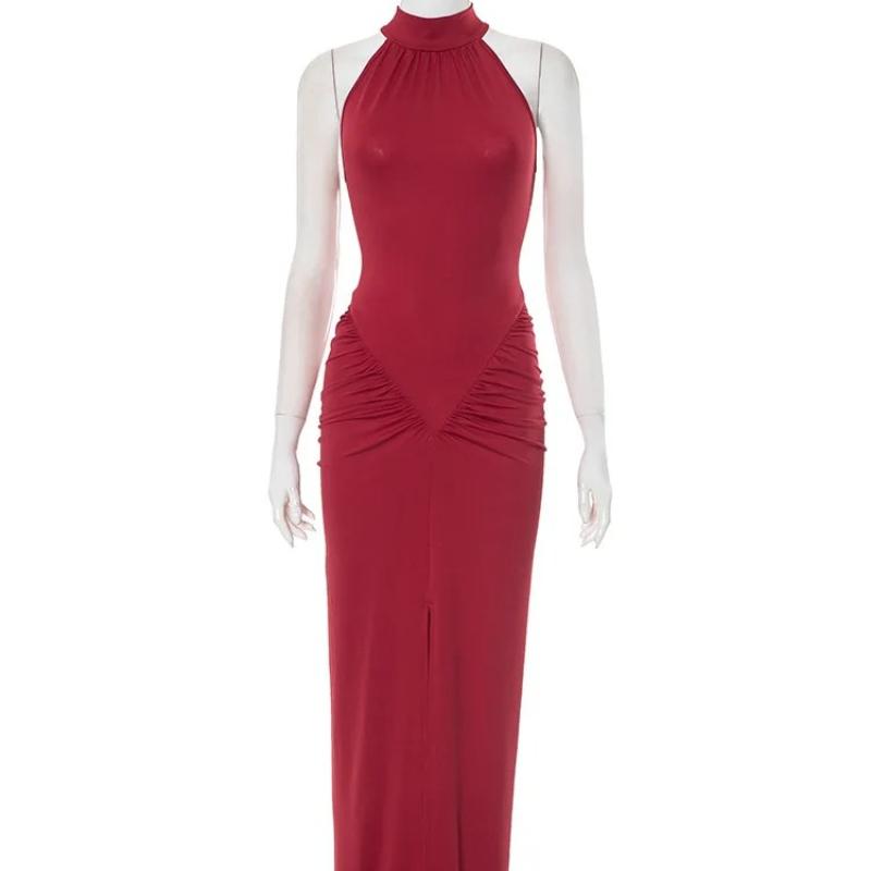 Halter Ruched Sleeveless Sexy Maxi Dress Women Gown Fashion Slim High Waist Evening Club Party Split Long Dress