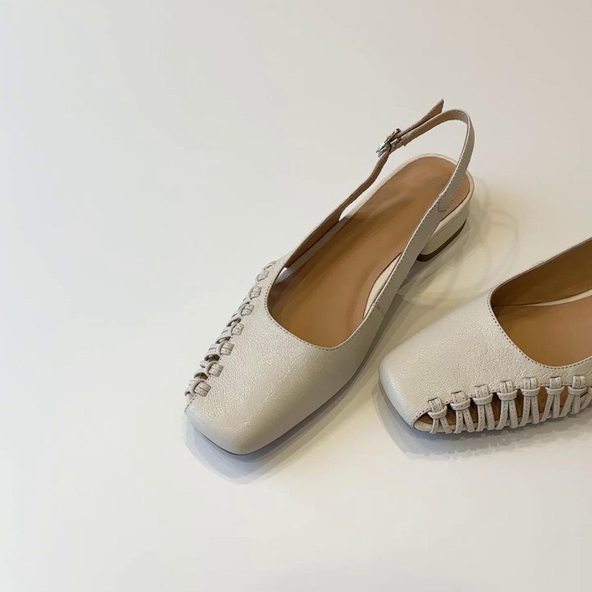 

Sheepskin version~ retro style square head woven hollow design feeling bag head sandals women s commuting soft sole back strap sandals 40