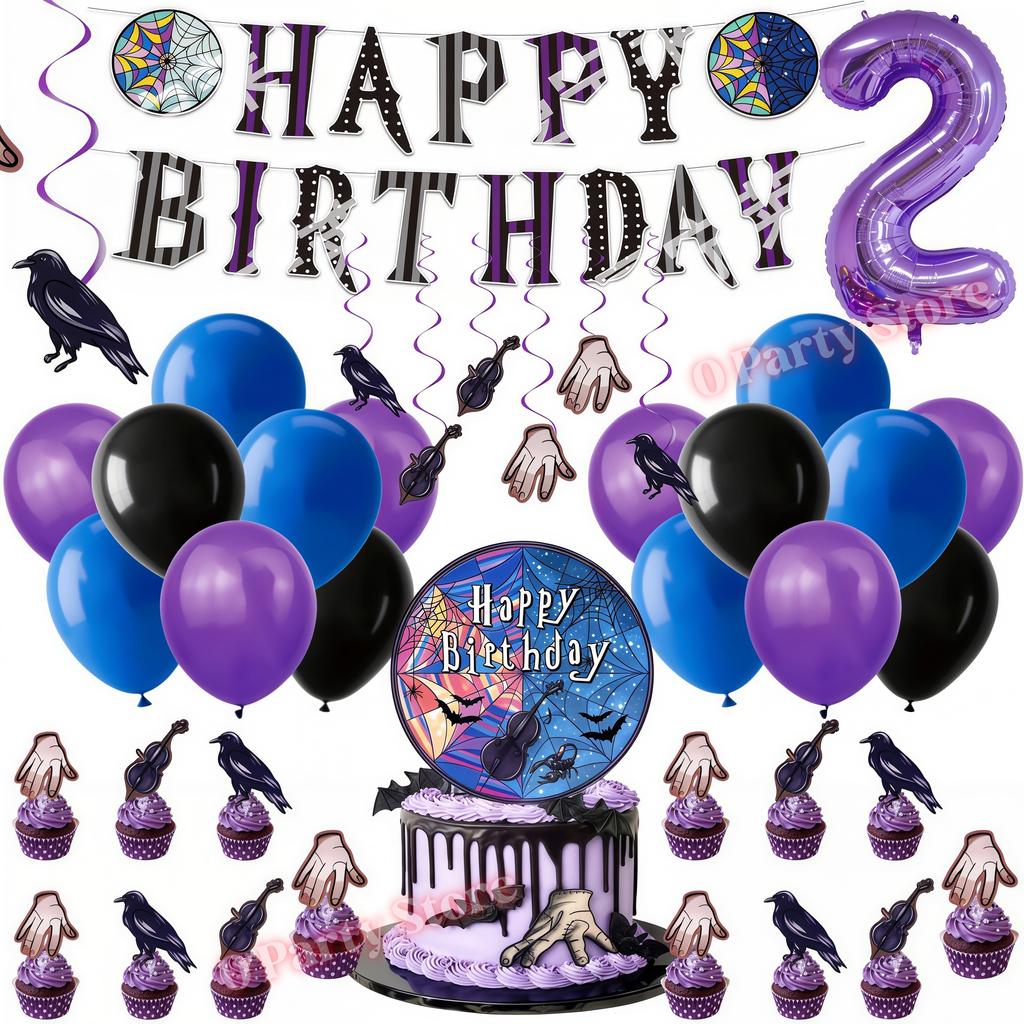 Birthday Party Decorations Supplies Kit Balloons Cups Plates Backdrop Banner Addams Theme Birthday Cake Decor Kids Favor Gifts