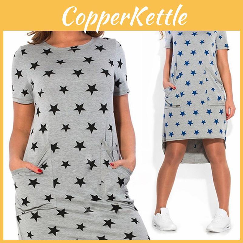 Summer Women Stars Printed Clothing Loose Fit Knee-length Casual Dress In Cotton Blend