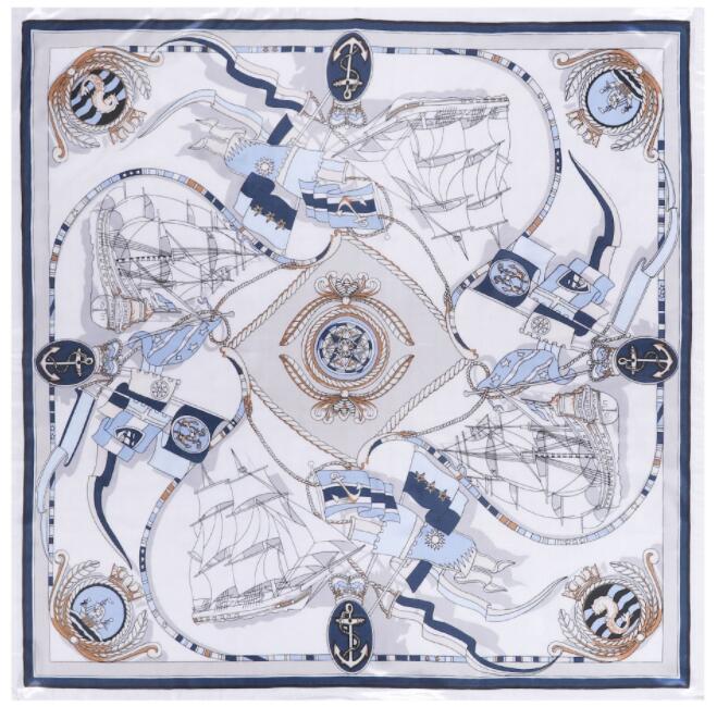90*90cm Luxury Brand Women Silk Scarf Hand Drawing Sailing Boat Design Square Scarves Spring Summer Shawls For Ladies
