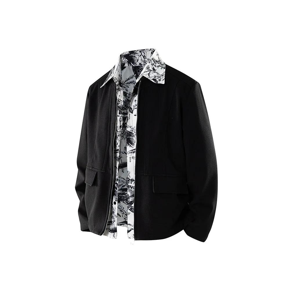 

2026 Men Black Double-Sided Jackets Men Zipper Collar Fake Two-Piece Jacket Men Spring Flower Shirt Korean Loose Fit Jacket M чорний