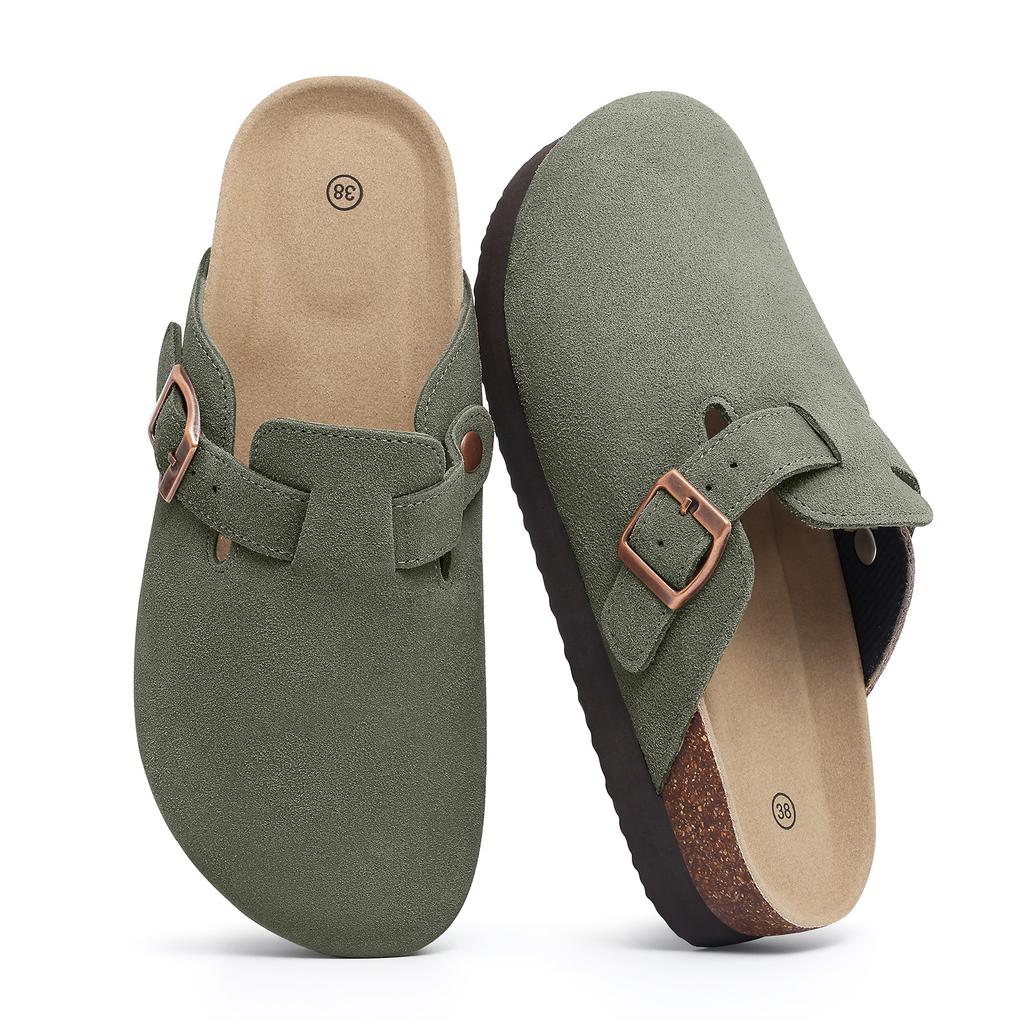 Fashion Smile Pop Men's Suede Shoes With Adjustable Back Strap Leather Mules With Cork Flip-Flop Slippers Insoles Slip-On Potato Shoes
