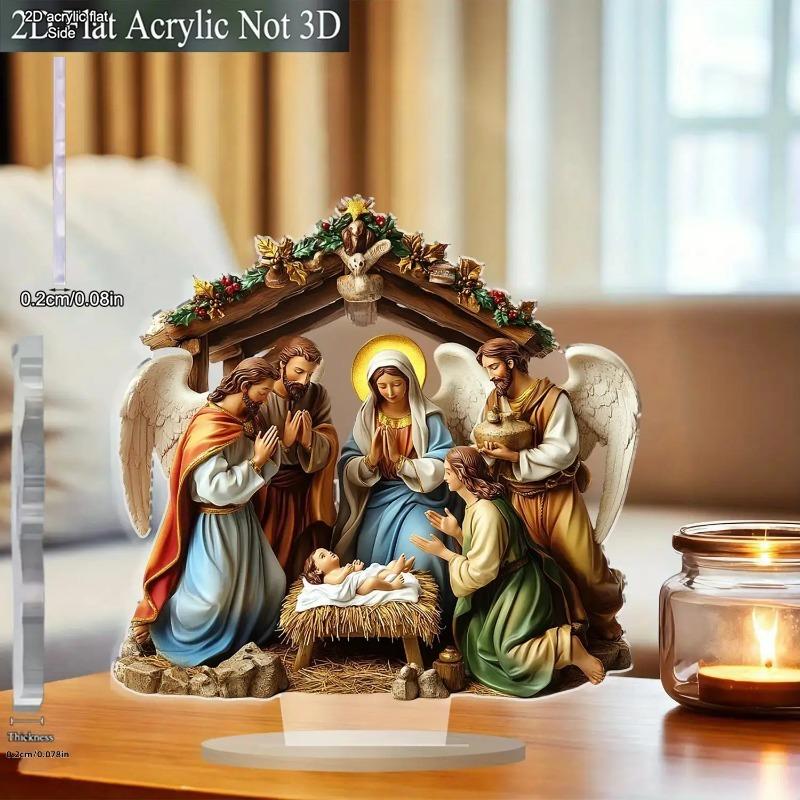 2D Flat Jesus Nativity Scene Acrylic Desktop Decoration, Mary, , Jesus, Shepherds & Angels, Suitable for wall decoration, porch, room, villa, accents