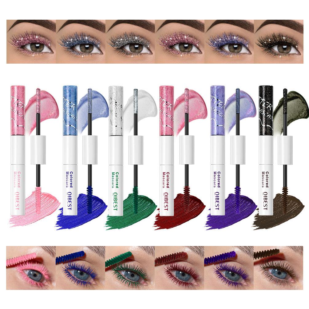 QIBEST Doppelseitiger Diamant-Glitzer-Mascara Langanhaltender Farbiger Mascara Wimpern Pink Blau Rot Voluminöser Wasserfester Mascara