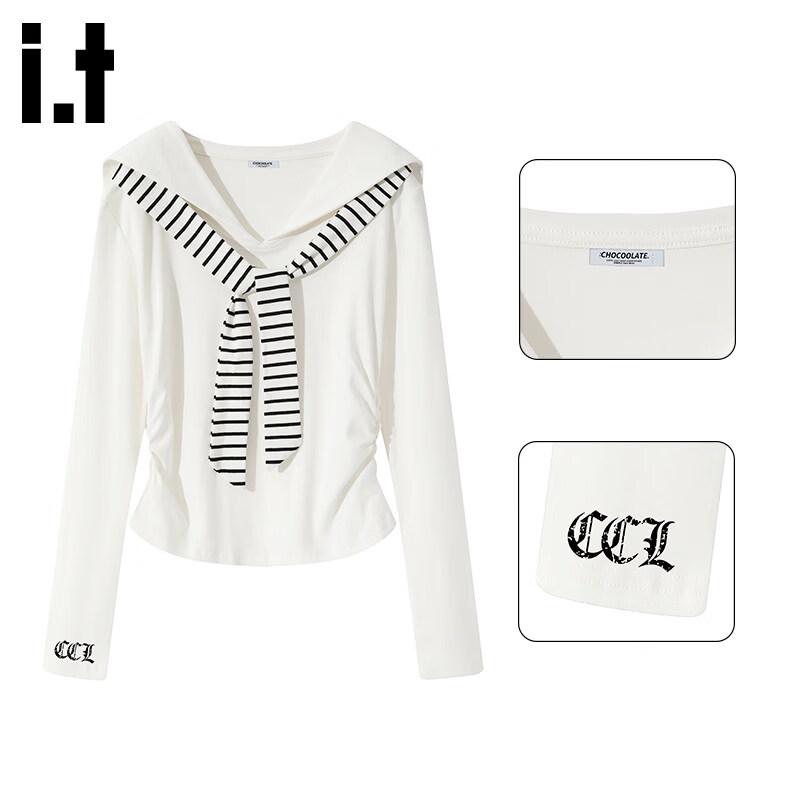 Women's Striped Tie-up Navy Collar Long Sleeve T-shirt