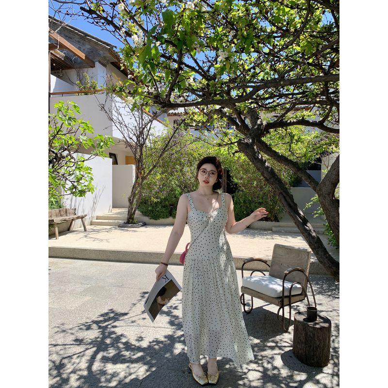 

M5T6 Slightly Plus-Size Summer Sweet Style/French Polka Dot Strap Dress Backless Beach Vacation Dress Plus-Size Long Dress Beige M