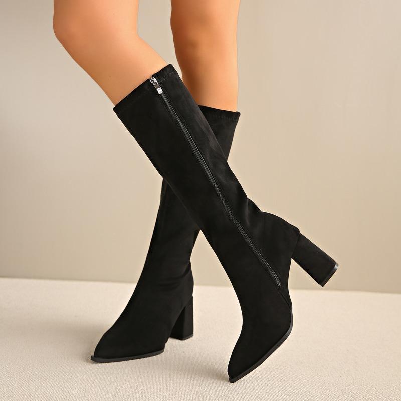 Autumn Winter Thick Heel Women Knee High Boots Pointed Toe Stripper Party Shoes Female Vintage Long Booties Zapatos De Muje