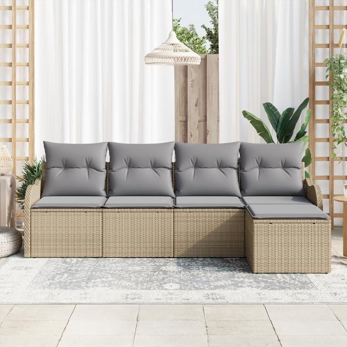 Ensemble de canapé de jardin 5 pièces avec coussins en poly rotin beige, Canapé de jardin 2 places avec coussins en poly 3345660