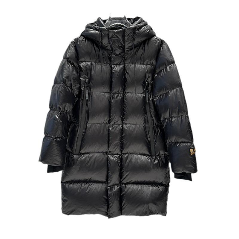 Black and gold medium and long goose down jackets for men and women, new thickened multi-pocket hooded glossy couples tide