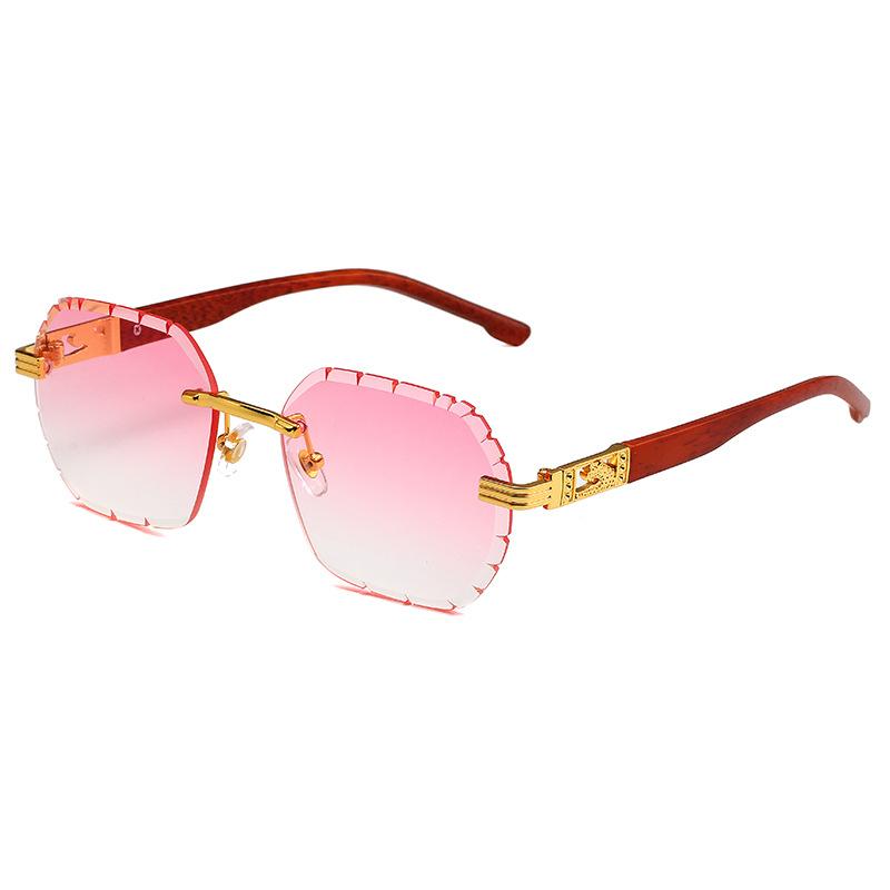 Retro imitation wood grain square sunglasses men's frameless trimmed engraved leopard driving sunglasses men