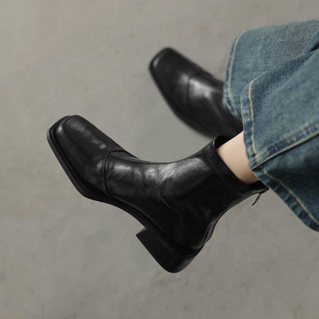 Niche design new retro square head thin short boots women's fashion mid-heel and ankle thin boots British Martin boots