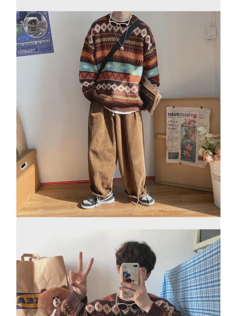 Men's Loose Fit Thickened Knitted Sweater - Korean & Harajuku Style Winter Pullover