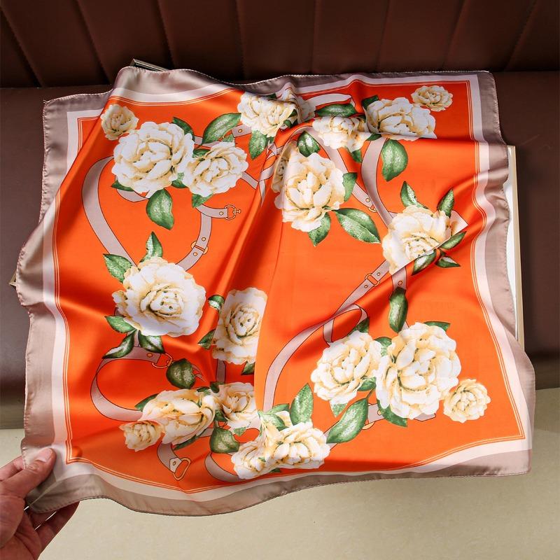 

68cm Peach Blossom Printed Scarf Women s Spring and Summer Thin Imitation Silk Scarf Fashion Temperament Scarfs Headscarf Shawl оранжевый