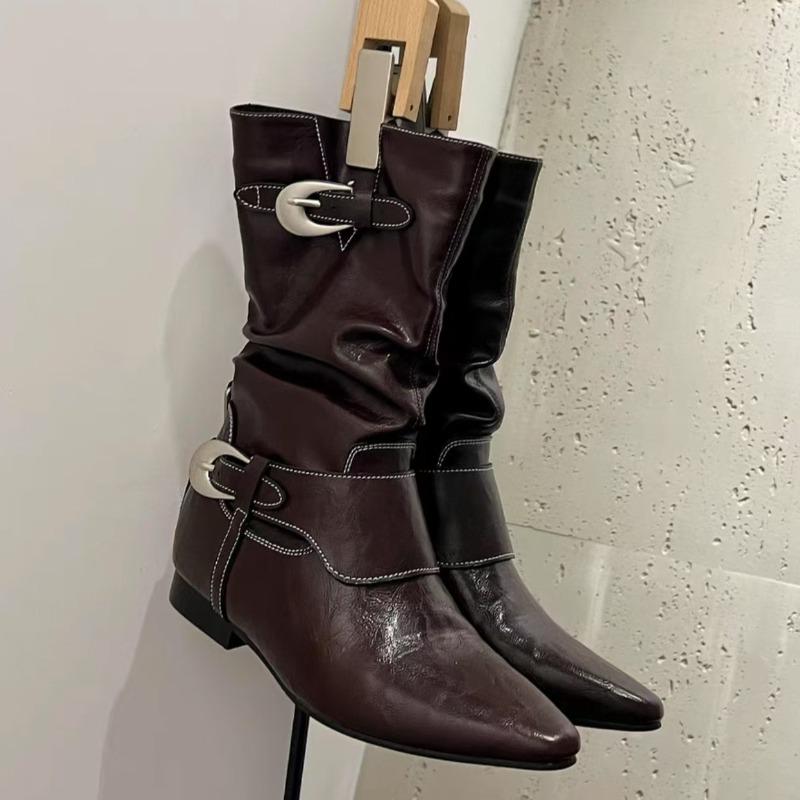 Fashion Retro Knight Boots Autumn New Fashion Pointed Toe Metal Belt Buckle Inside Heightened Anti-Slip Wear-Resistant Mid-