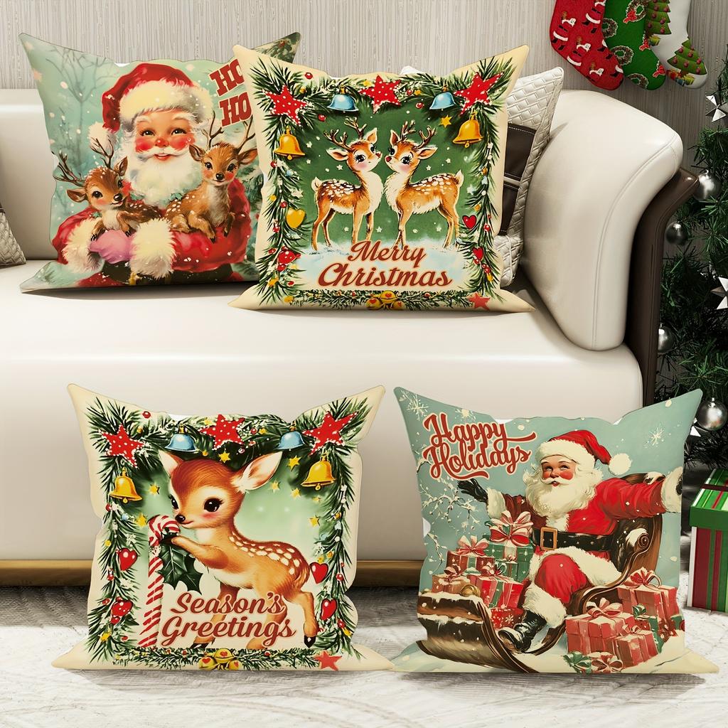 Merry Christmas Decoration Pillowcase New Year Gift Santa Claus Fawn Pattern Home Room Decoration Sofa Cushion Cover