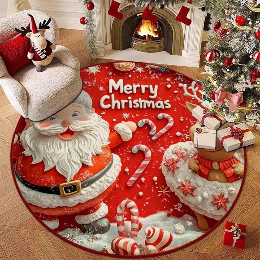 Santa Claus Polyester Christmas Round Mat Snowflake Print Snowman Cartoon Round Rug Anti-Slip Round Carpet Home Decor