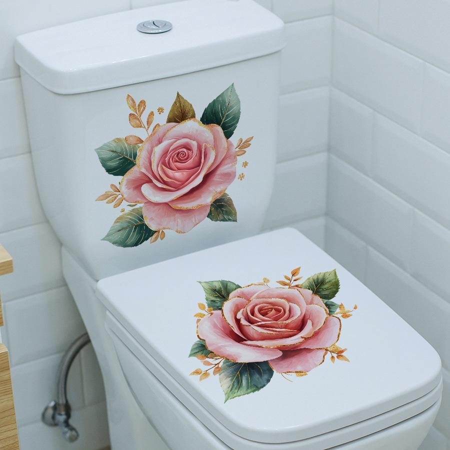 Luxury Gold Rim Floral Toilet Tank and Seat Decoration Sticker Self-Adhesive Easy Peel Removable for Bathroom WC
