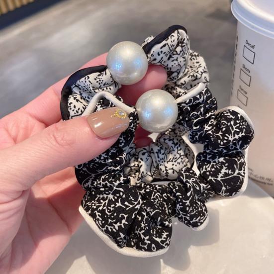 2Pcs Hair Tie High Elasticity Non-Slip Soft Chiffon Fabric Hair Rope with Imitation Pearl Design Floral Print Bun Half-Tied Hair Accessories