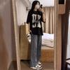 Large size pure cotton Guochao brand American high street oversize front shoulder short-sleeved t-shirt women's summer lazy niche top