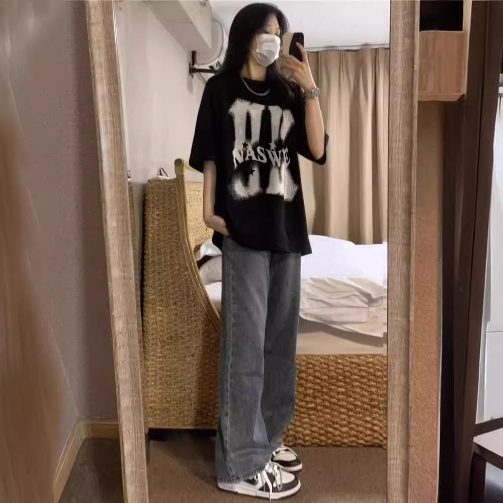 Large size pure cotton Guochao brand American high street oversize front shoulder short-sleeved t-shirt women's summer lazy niche top
