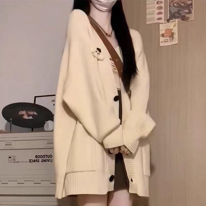 Retro Autumn and Winter College Style Pocket Lazy Style New Loose Casual Knitted Cardigan V-neck Sweater Jacket Women's Trend