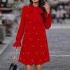 Spring Women's Bow Tie Beaded Long Sleeve Solid Colour Dresses