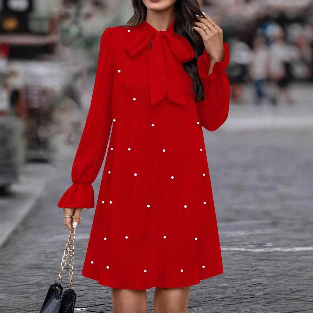 Spring Women's Bow Tie Beaded Long Sleeve Solid Colour Dresses