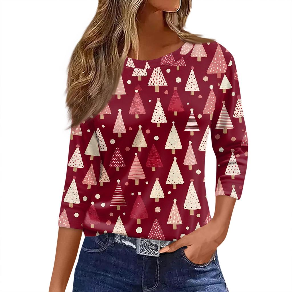 Women's T Shirt Christmas Print 3/4 Sleeve Daily Weekend Fashion Basic Round Neck Regular Top
