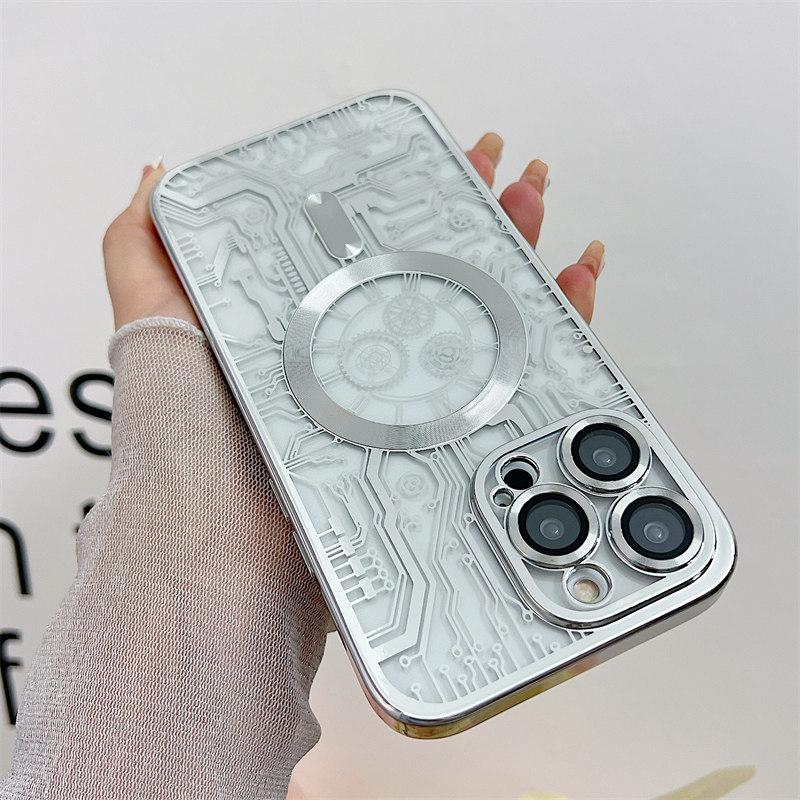 Luxury Line Mechanical Magnetic Wireless Charging Electroplated Case for iPhone 14 13 12 11 Pro Max All-inclusive Fall Protection Cover