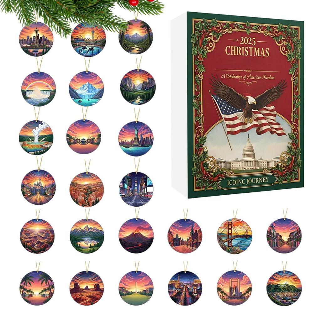 Advent Ornament Calendar 2025 24-Day 2d Pendant Advent Christmas Holiday US Landmarks Pendant Calendar For Window Door Tree Bag