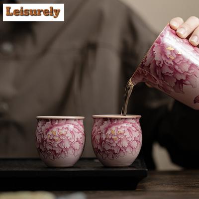 2 pezzi/lotto Tazza da tè in porcellana antica Forno Ru Polvere Motivo Fiore di Peonia Tazza del Maestro Portauovo Tazza da degustazione del tè Set da tè Kung Fu 90ml