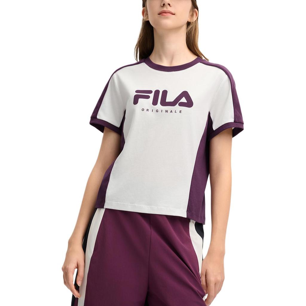 FILA Color Block Fashion Versatile Knit Short Sleeve Regular T-Shirt Women tops Cloud-Mushroom-White F11W519101FWT