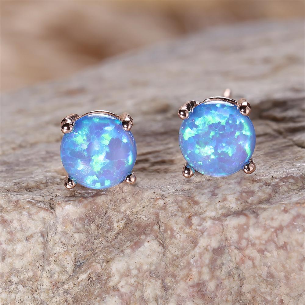 Pink White Blue Green Opal 6MM Round Stone Stud Earrings For Women Rose Gold Color Wedding Jewelry Minimalist Engagement Gifts