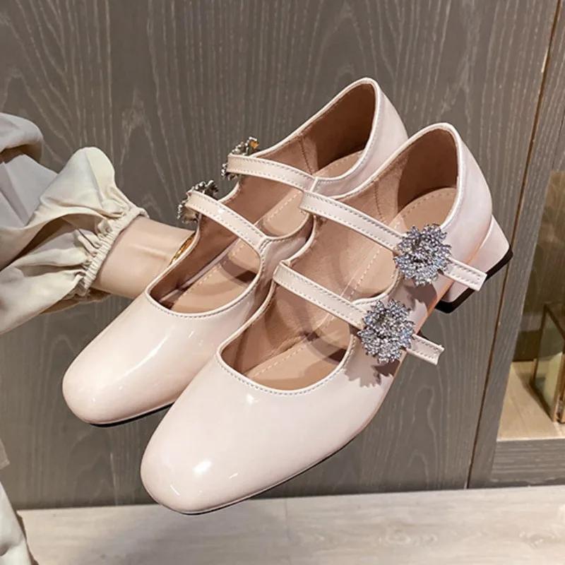 Fashion Chunky Heels Women Mary Jane Shoes Bling Rhinstones Elegant Patent Leather Party Wedding Ladies Pumps Autumn Lolita Footwear