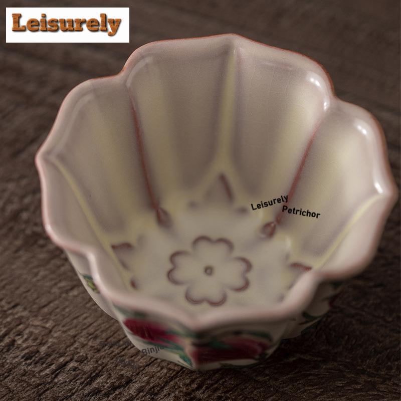 Hand Painted Nine Peach Ru Kiln Flower Mouth Teacup Ancient Tea Bowl Jug Tea-tasting Meditation Cup Jianzhan Master Cups Craft