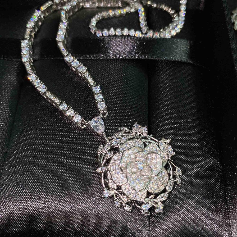 Elegant Women Jewelry Set Rose Necklace Camellia Earrings Floral Ring Openwork Accessories