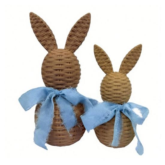 1 Paar Rattan-Optik Hasen-Dekorationsset Große Kleine Hasenstatue mit Schleifen-Dekor Frühlings-Tischdekoration Bauernhaus Heim Osterdekoration