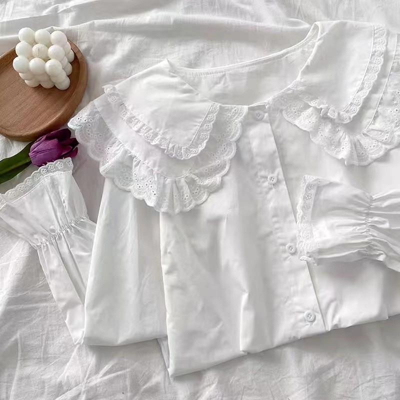 Girls' White Long Sleeve Lace Shirt - Spring/Autumn Student Uniform & Performance Costume