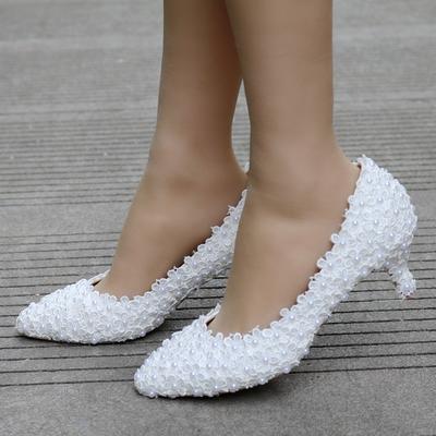 Fashion Wedding Pumps Flower Pearl Pointed Toe Shallow PU 5CM Thin High Heels Princess Pointed Toe Platform Heels Women Shoe