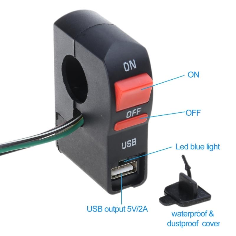 Interruptor de Farol Universal para Scooter Botão Liga/Desliga no Guidão com Carregador USB para Carro