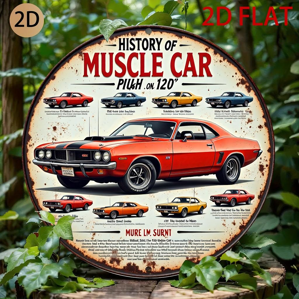 D plane Circular tin metal sign History of Muscle Car wall art car themed decor for home garage or cafe D Flat Perfect for