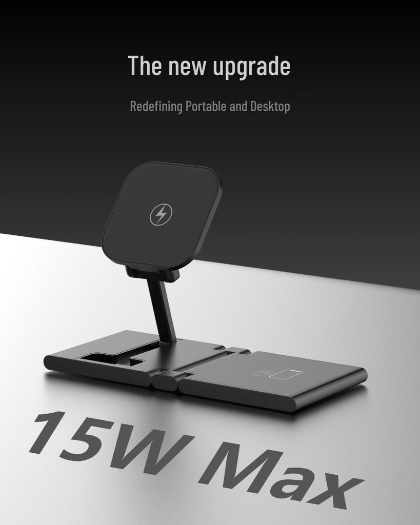 3-in-1 Magnetic Foldable Wireless Charger: 15W Fast Charging for Phone & Watch
