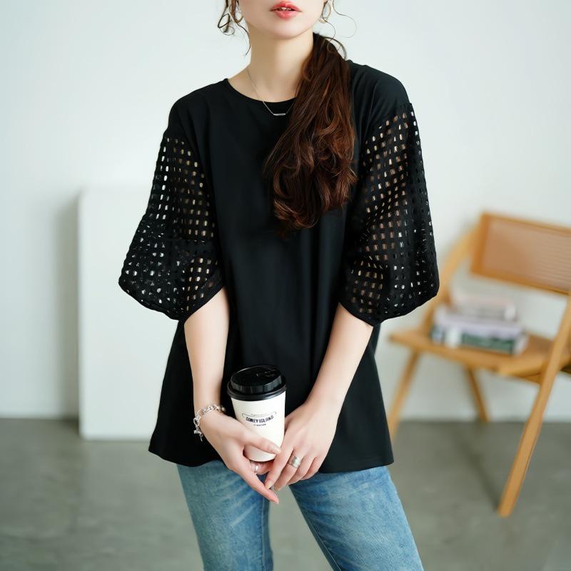 Japanese Korean Summer Women's Hollow Sleeve Patchwork Loose T-shirt