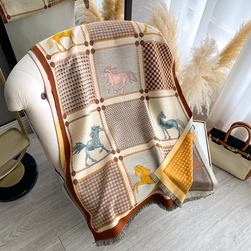 New Women Imitation Cashmere Two-Side Plaid Horse Print Scarf Soft Warm Pashmina Shawl Autumn Winter Coldproof Windproof Blanket