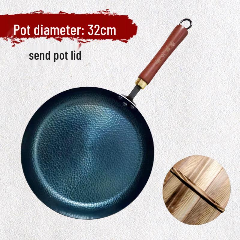 Ručně kovaný litinový nepřilnavý wok s plochým dnem a dřevěnou rukojetí