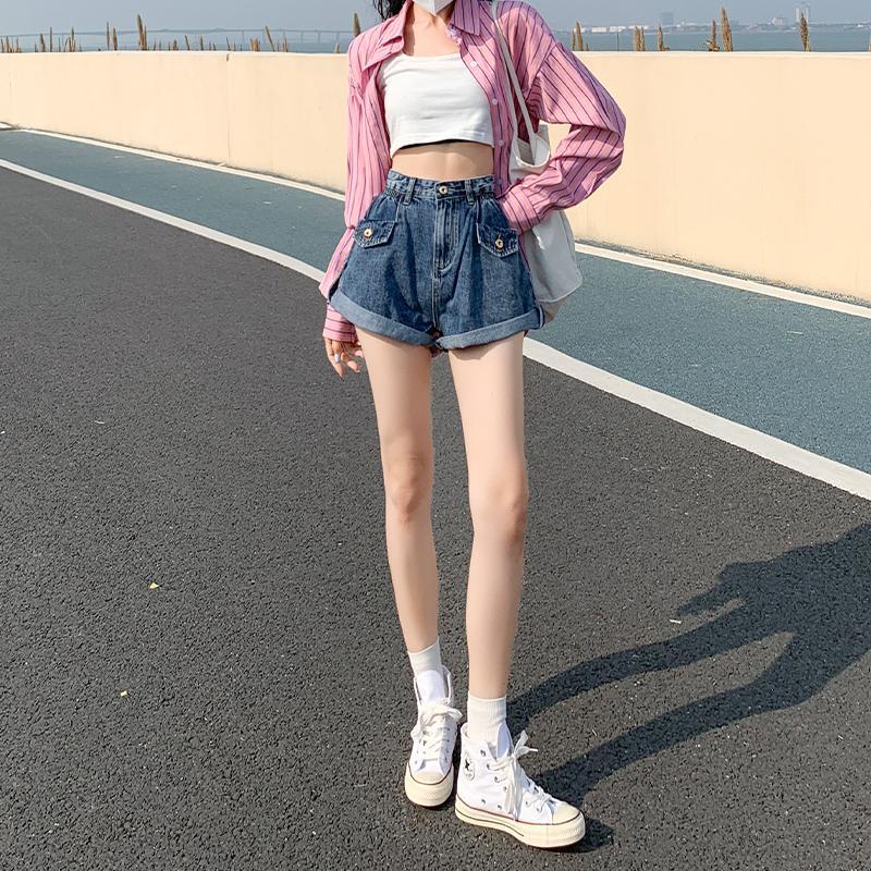 Pantaloncini Denim Neri e Grigi da Donna Nuovi Estivi Sottili a Vita Alta Ampi Slimming Gamba Larga Hot Pants