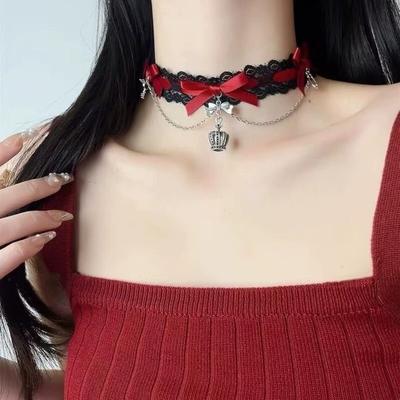 New Sexy Lace Bow Necklace for Women Gothic Punk Velvet Collar Choker Vintage Crown Pendent Necklace Strap Bow Cute Jewelry