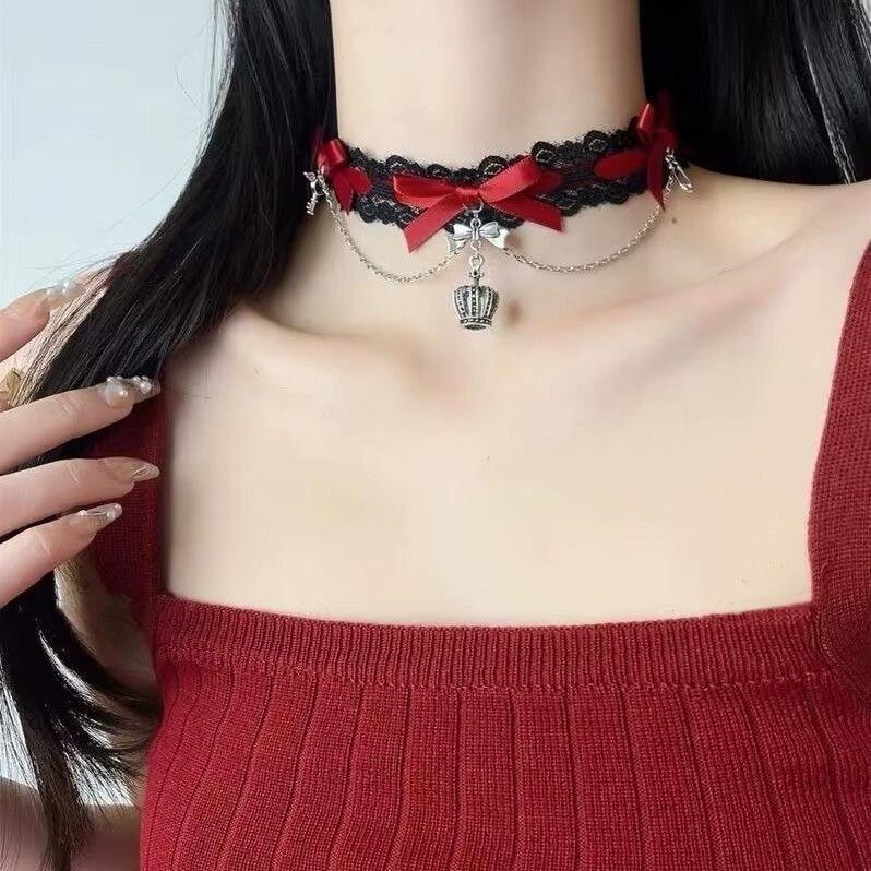 New Sexy Lace Bow Necklace for Women Gothic Punk Velvet Collar Choker Vintage Crown Pendent Necklace Strap Bow Cute Jewelry