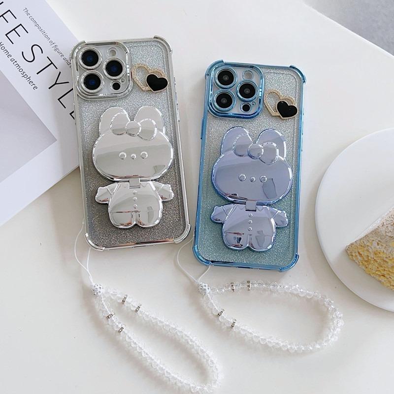 Passer til Apple 16proMax Kjærlighet Kanin Speil Mobilveske Glitter IPhone 15 Kjede 14 Fire Hjørner Anti Fall Deksel